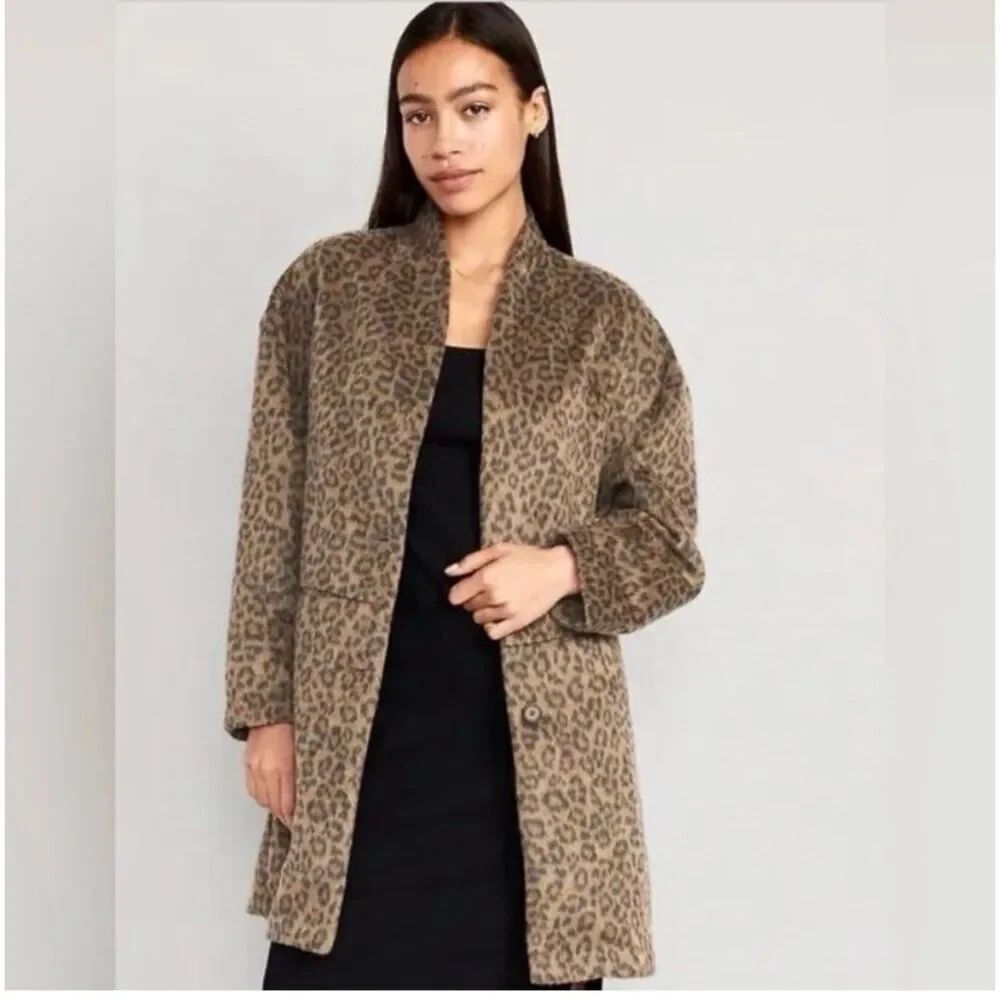 Old Navy Leopard Print Wool Coatigan Coat Jacket Medium